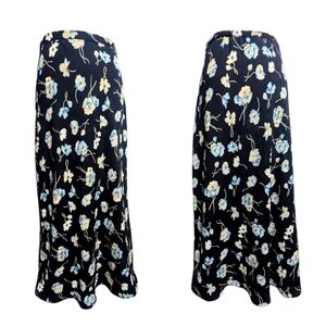 Vintage 90s Whimsygoth Navy Blue Floral Long Skirt Y2k Long Floral Skirt